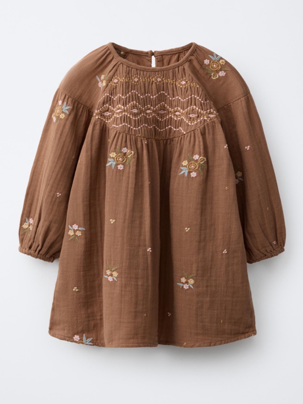 Zara Girls' Brown Floral Embroidered Long-Sleeve Dress